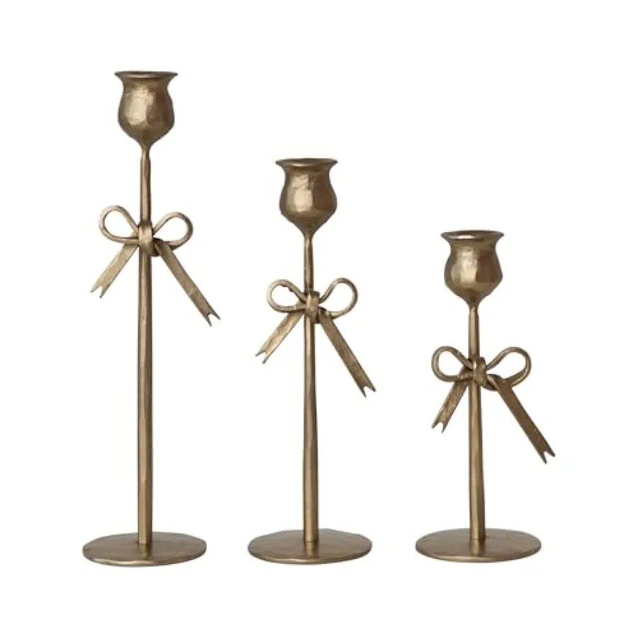 3-Piece Hand-Forged Bow Shaped Metal Taper Candle Holders for Dining Table, Antique Gold Finish, Rust-Resistant and Heat-Conduc view 3
