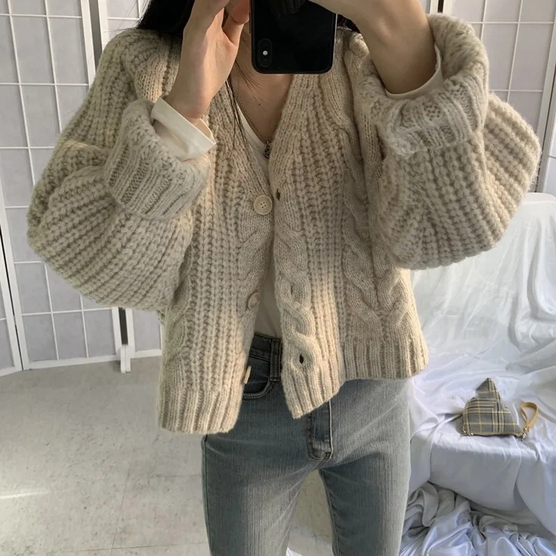 Korean Fashion Ladies Knitwears New 2023 Autumn Winter Womens Sweaters Vintage V-Neck Buttons Cardigans Shorts Large Beige