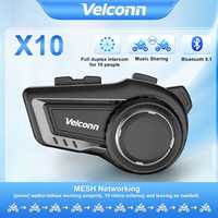 Velconn X10 Motorcycle Mesh Intercom Helmet Headset Bluetooth 5.1 For 10 Riders 1500M Full Duplex Interphone Music Sharing/EQ FM