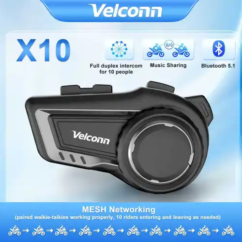 Velconn X10-intercomunicador de malla para motocicleta, auriculares para casco con Bluetooth 5,1 para 10 conductores, interfono Full Duplex de 1500M para compartir música/EQ FM