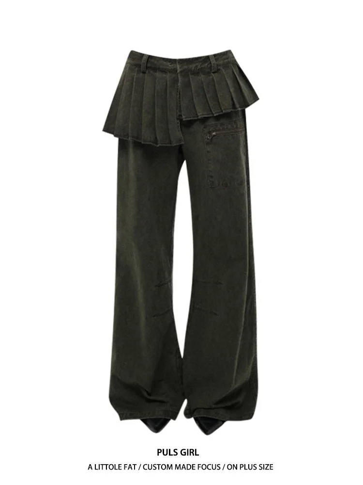 

Loose Wide Leg Denim Skirt High Waist Asymmetric Pleated False Two-Piece Women's Autumn Winter Vintage Style Casual Pants