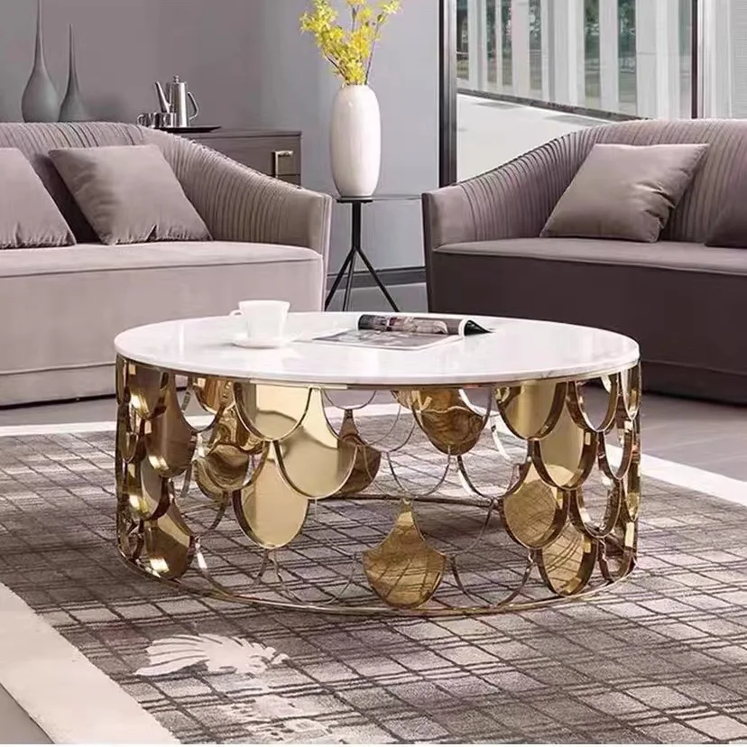 Beidao light luxury fish scale rock slab round glass coffee table modern simple living room stainless steel small tea table