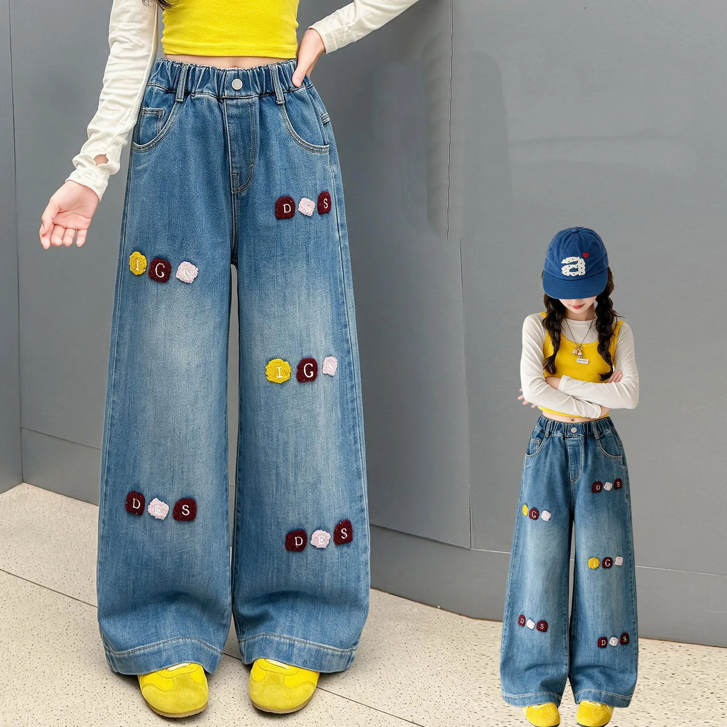 Girls Straight Leg Jeans Spring Autumn New Fashion Korean Style Wide Leg Pants Child Denim Trousers with Letter Towel Embroidery