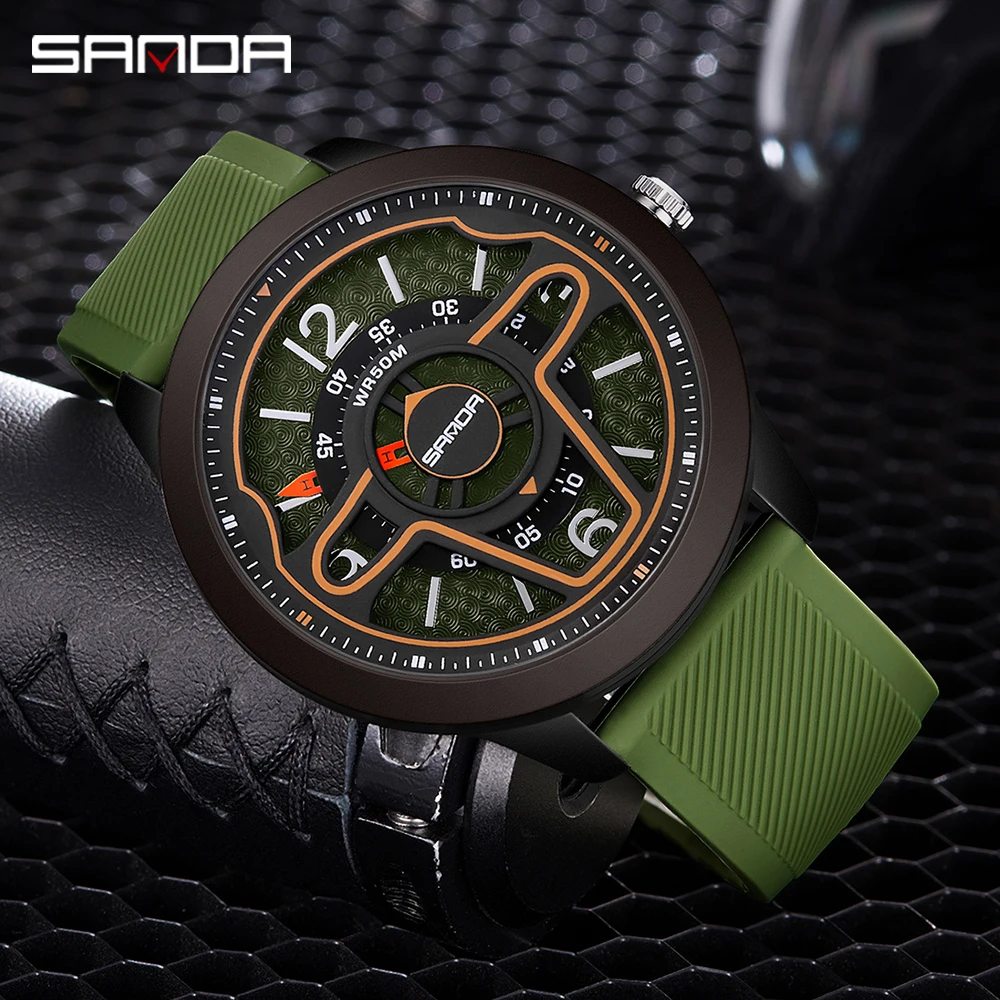 

Sanda 9023 New Model Unique Design Rotating Dial Soft Silicone Strap 50M Waterproof Quartz Movement Business Men Wrist Watch