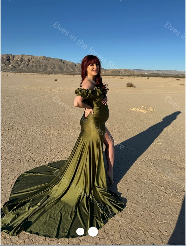 Glamorous Green Maternity Robes for Photoshoot Off Shoulder Ruffles Prom Dresses Sexy Satin Side Split Pregnant Women Gowns