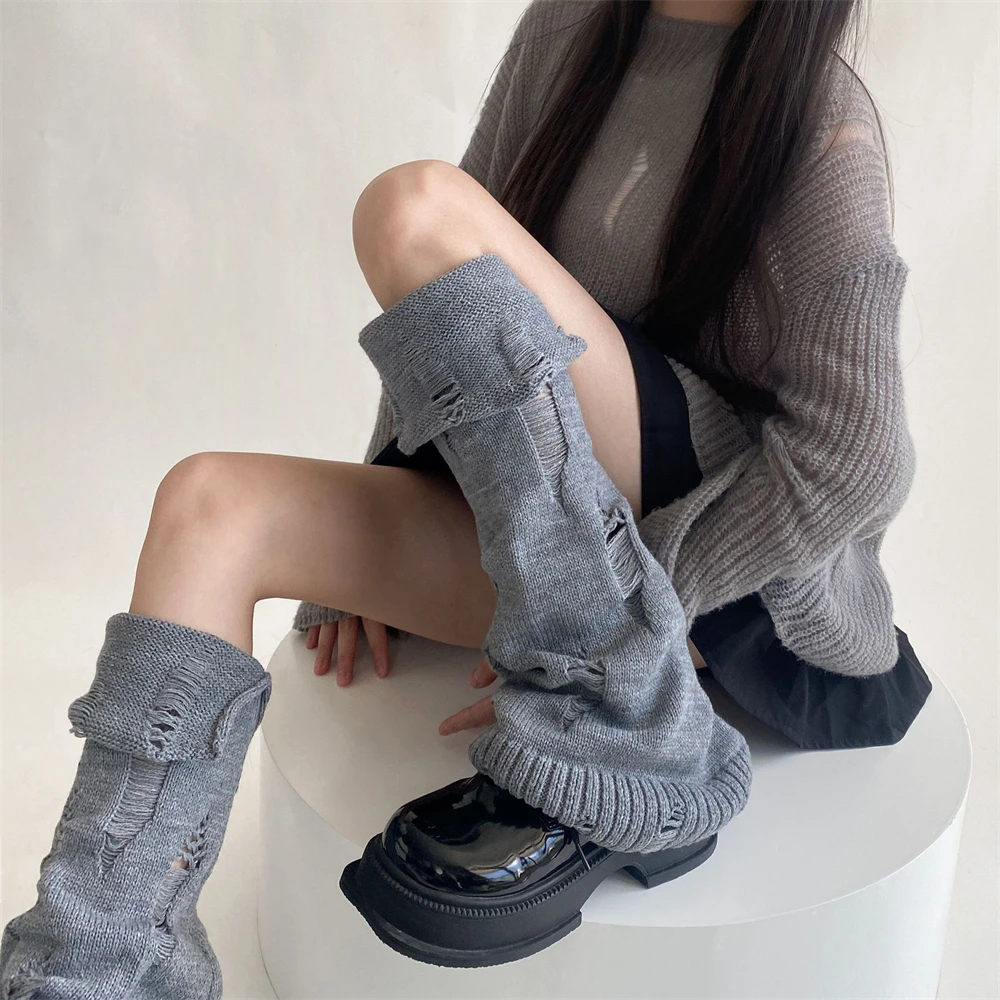 Süße Persönlichkeit Gestrickte Ripped Pile Socken Abdeckung Weibliche Herbst Winter Warme JK Breite bein Leggings Japanische Y2K Lolita Bein wärmer