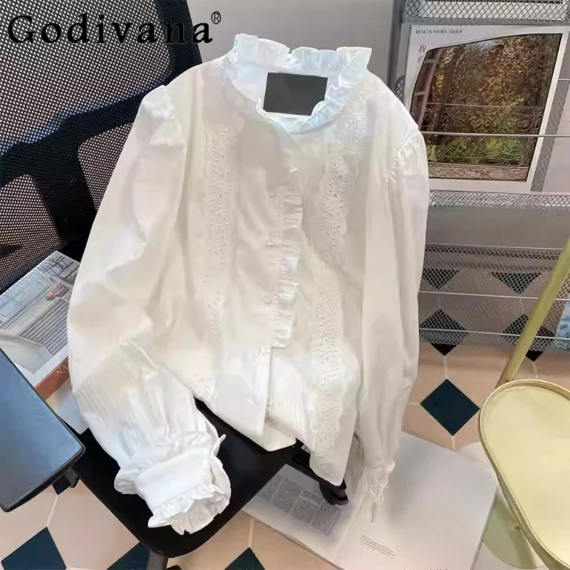 

Французская милая кружевная модная белая рубашка с воротником-стойкой, женская весенне-осенняя уникальная свободная корейская универсальная рубашка с длинным рукавом