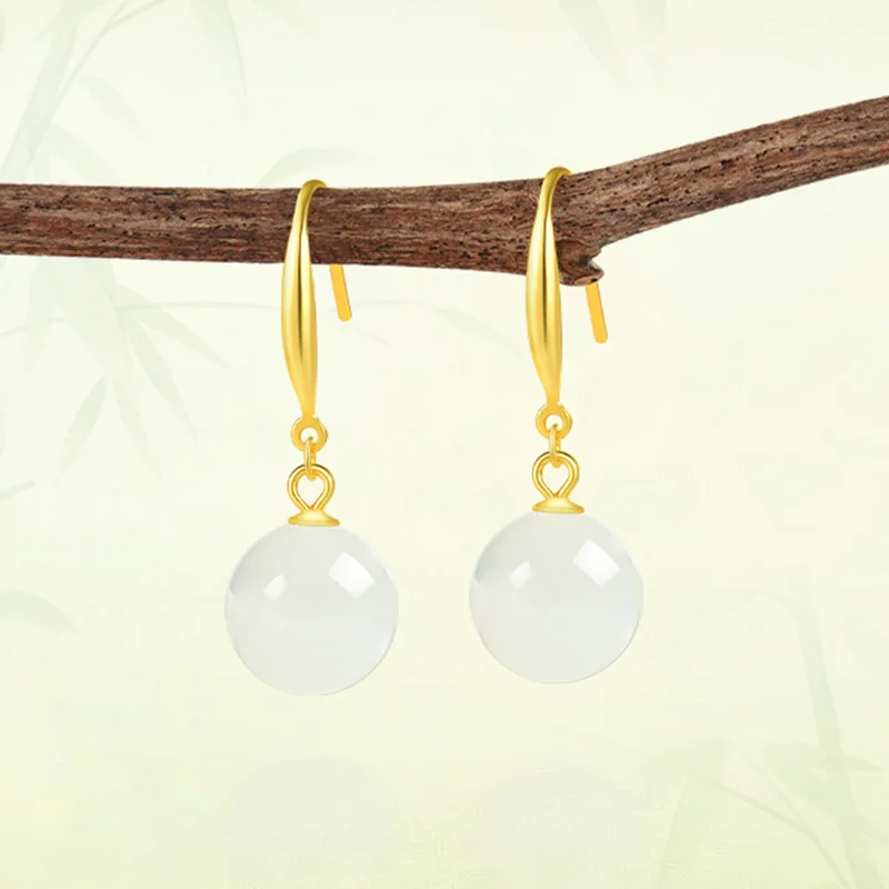 Natural Hetian White Jade Round Bead , S925 Silver Inlaid Elegant Women'S Earrings