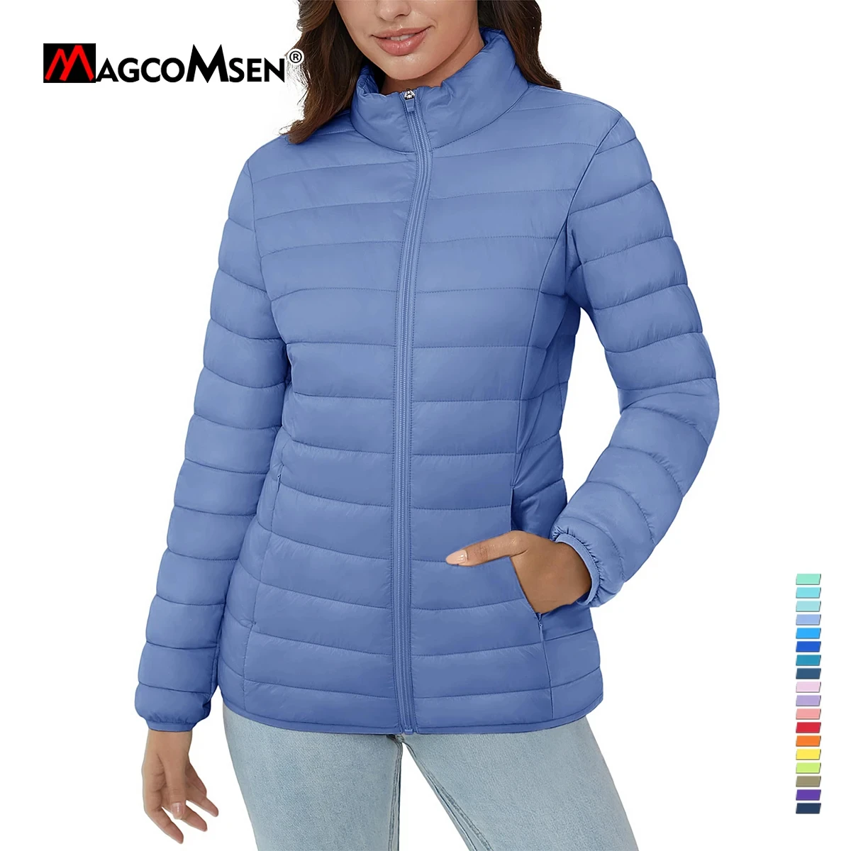 MAGCOMSEN Puffer Jackets Women's Lightweight Quilted Padded 3 Pockets Zip-up Stand-collar Winter Alternative Down Coats