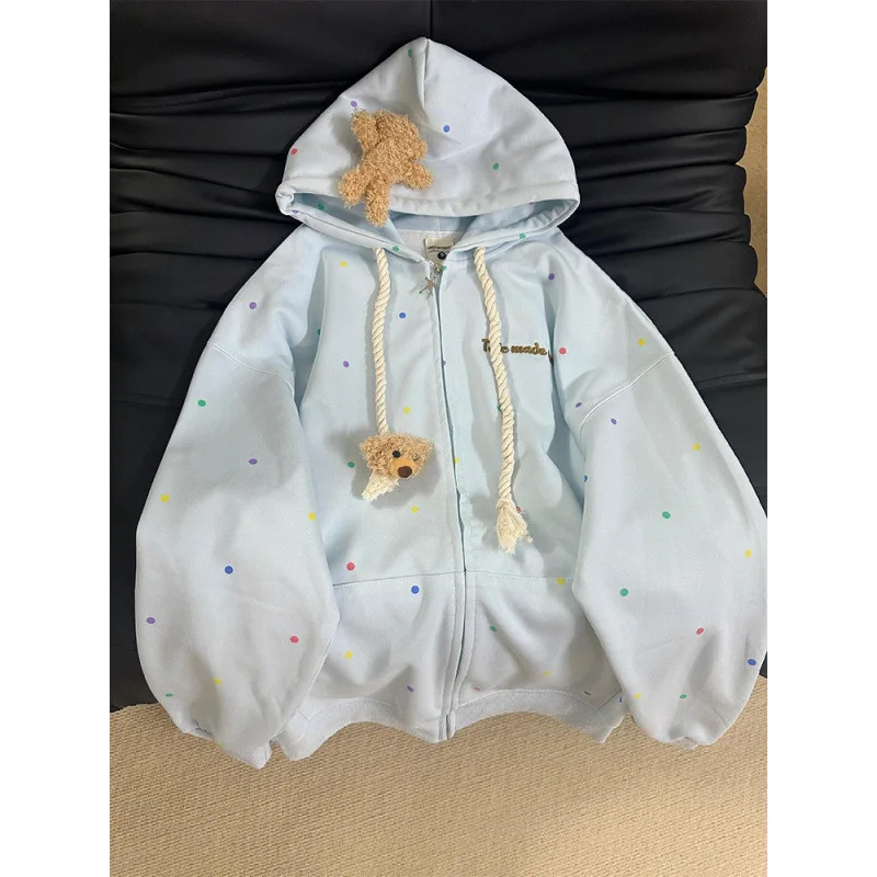 

Cute bear embroidered polka-dot hooded cardigan sweater women loose light blue lazy zipper coat in autumn and winter. hoodies