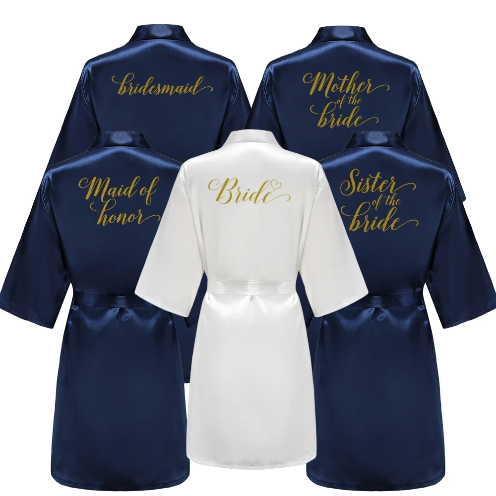 New Navy Blue Bathrobe Bride Satin Robe Women Getting Married Bride Hen Party Sisters Sqaud Mother Wedding Bridesmaid Robes