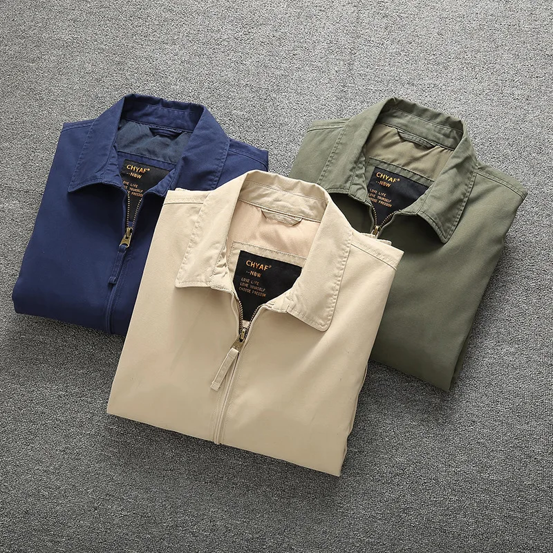 

Spring and Autumn New American Retro Long Sleeve Lapel Business Casual Jacket Men's Simple 100% Cotton Washed Zipper Pocket Coat