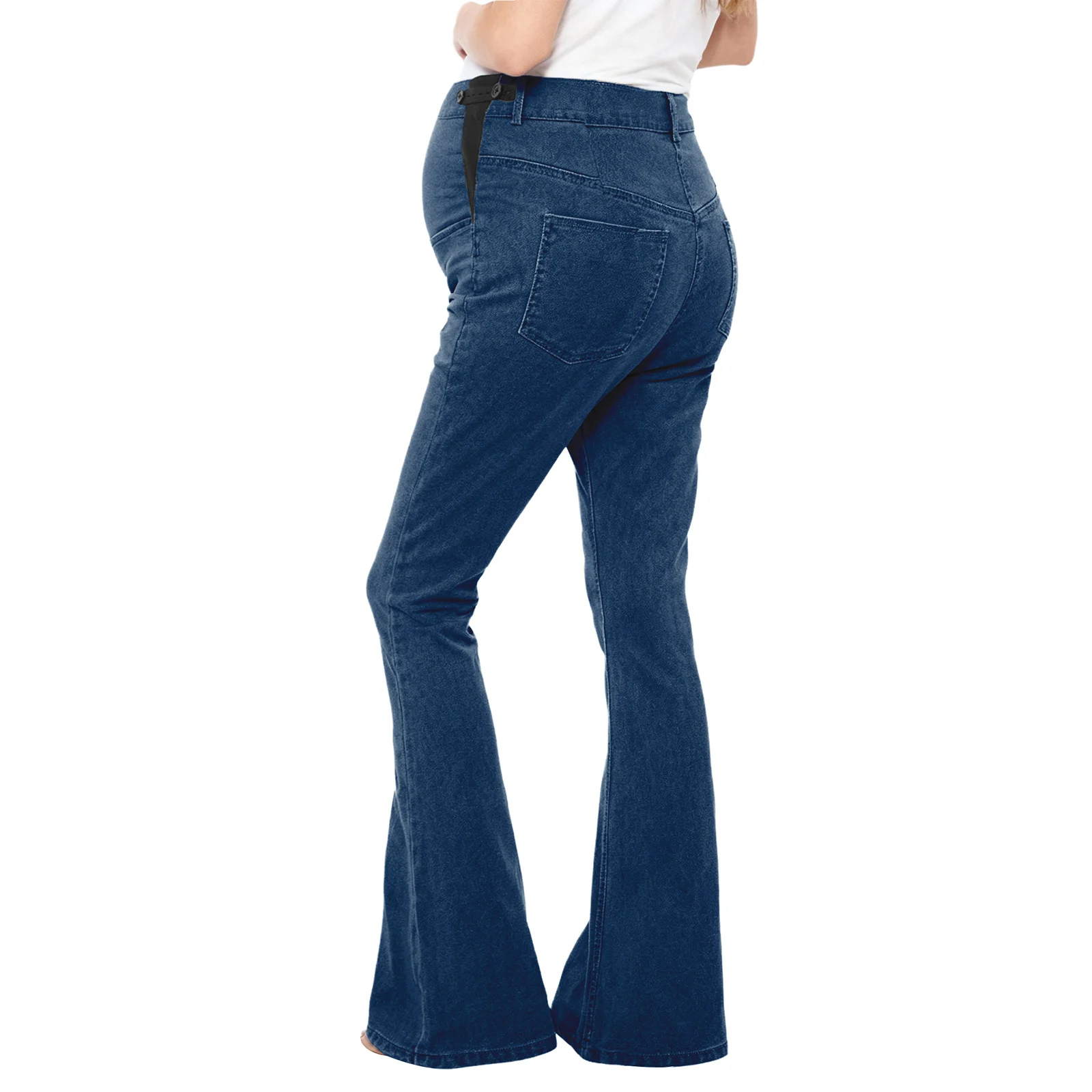 جينز نسائي للأمهات كاجوال متوسط الخصر مرن قابل للتعديل بخصر جانبي قابل للتمدد سروال جرس من قماش الدنيم مع جيوب