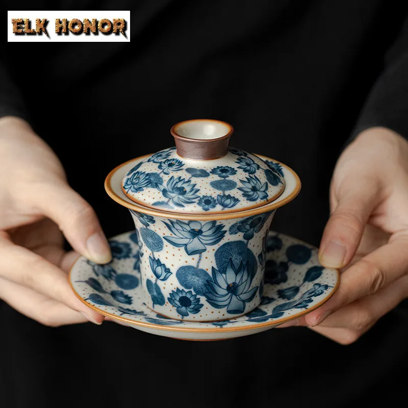 155ml Antique Ru Kiln Porcelain Gaiwan Japanese Lotus Flower Tea Tureen Tea Brewing Cover Bowl For Tea Accessories Decoration