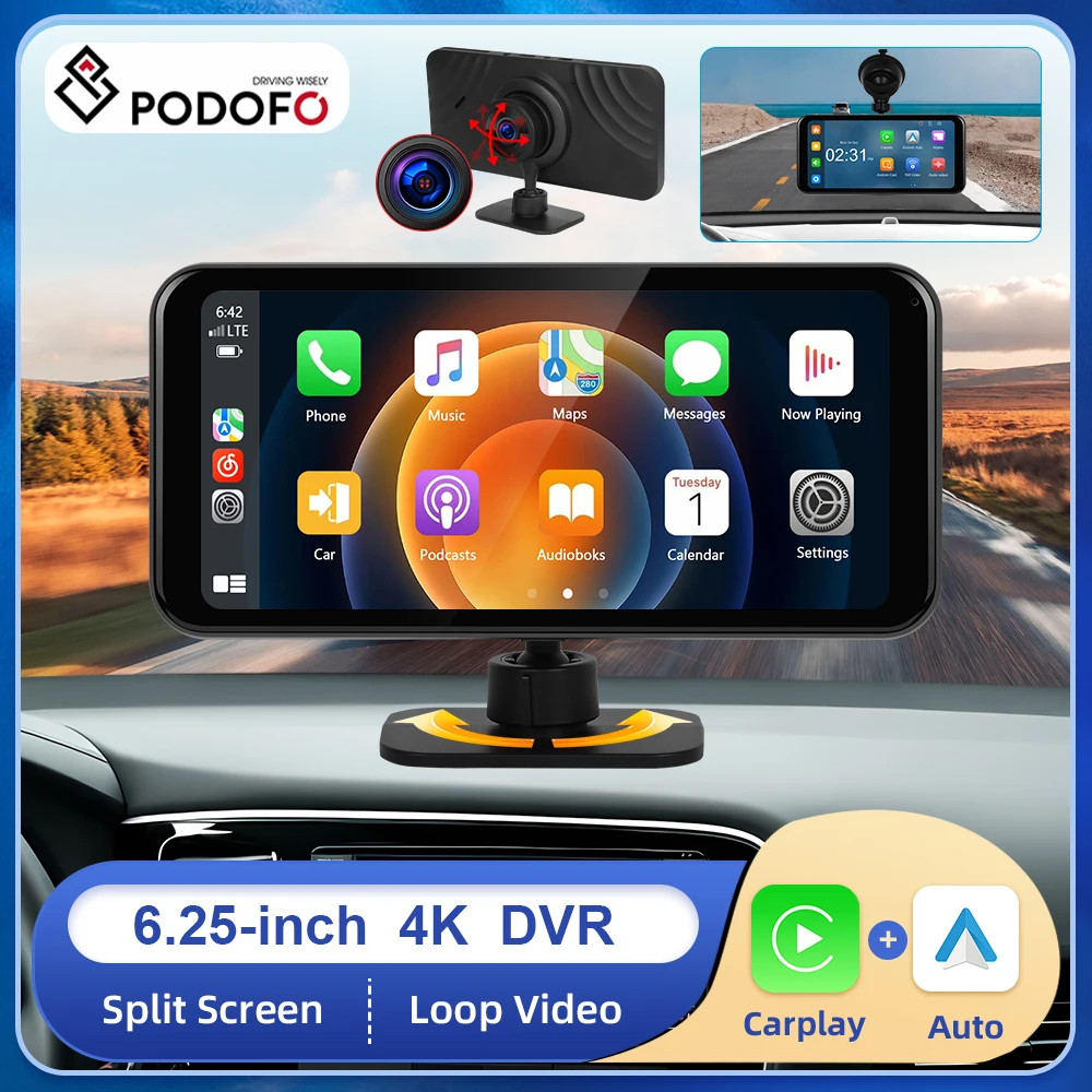 

Podofo 6.25'' Car DVR 4K Front Camera Support Front and Rear dual DVR Wireless CarPlay Android Auto Dash Cam Drive Recorder