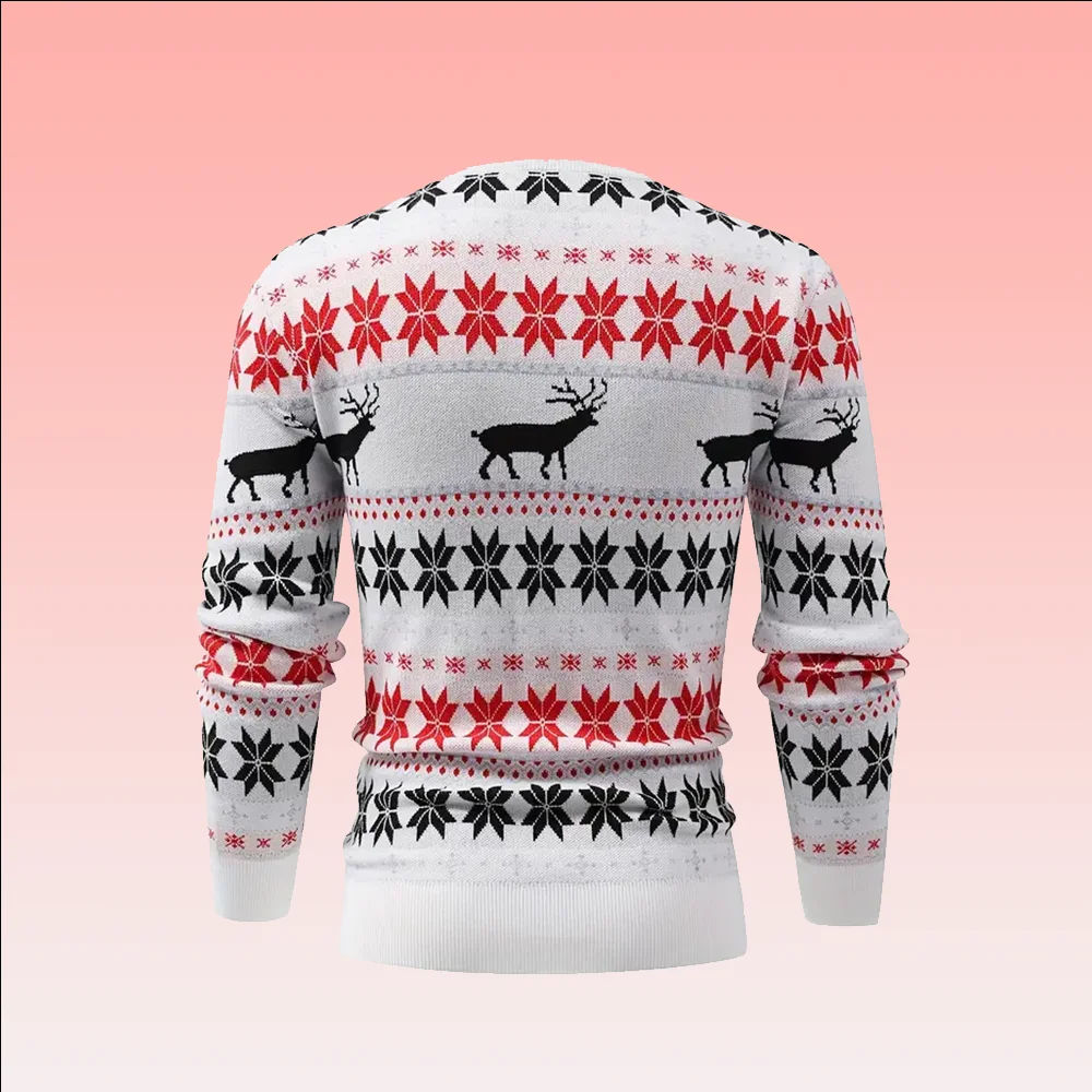 Christmas pattern knitted floral sweater, men's casual warm slightly springy crewneck pullover sweater for men autumn and winter