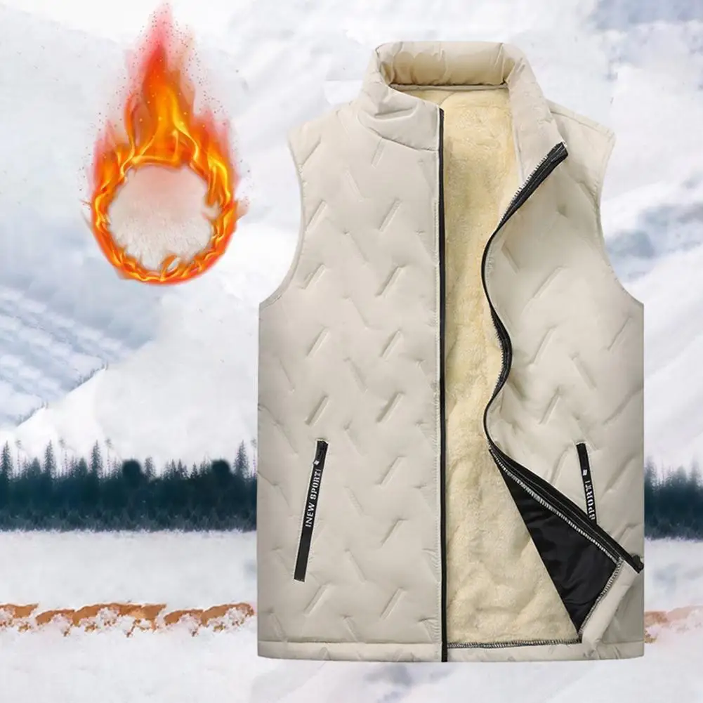 Zipper Pocket Vest Premium Men's Winter Vest Thick Padded Plush Stand Collar Windproof Zipper Closure Warmth Neck Protection