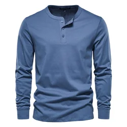 AIOPESON Henley Collar T Shirt Men Casual Solid Color Long Sleeve T Shirt for Men Autumn High Quality 100% Cotton Mens T Shirts