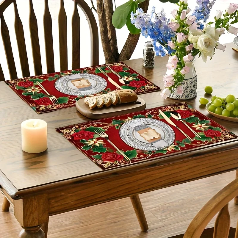 Christmas Decorative Rose & Leaves Printed Placemats, Red Background with Roses And Holly & Golden Christmas Theme Placemats