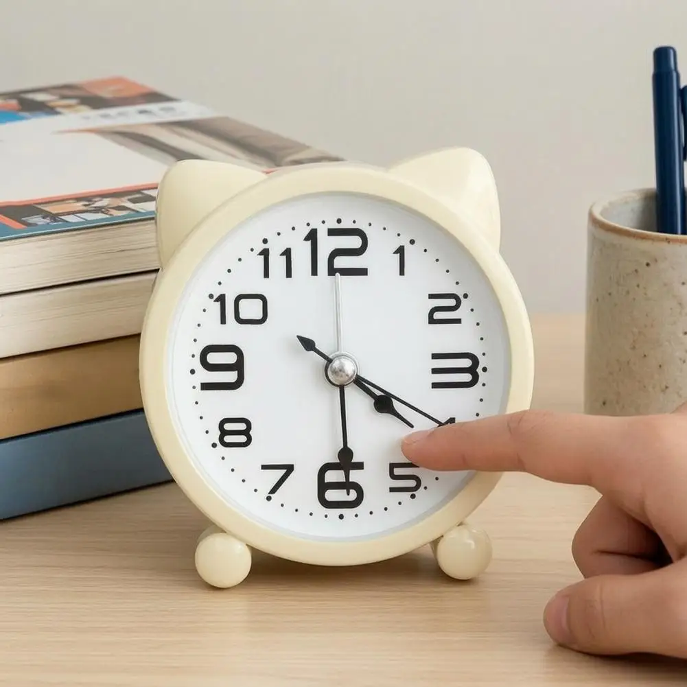 Cat Ear Alarm Clock for Kids Silent Non-Ticking Metal Analog Clock Battery Powered Clock for Home Office Desk Decor