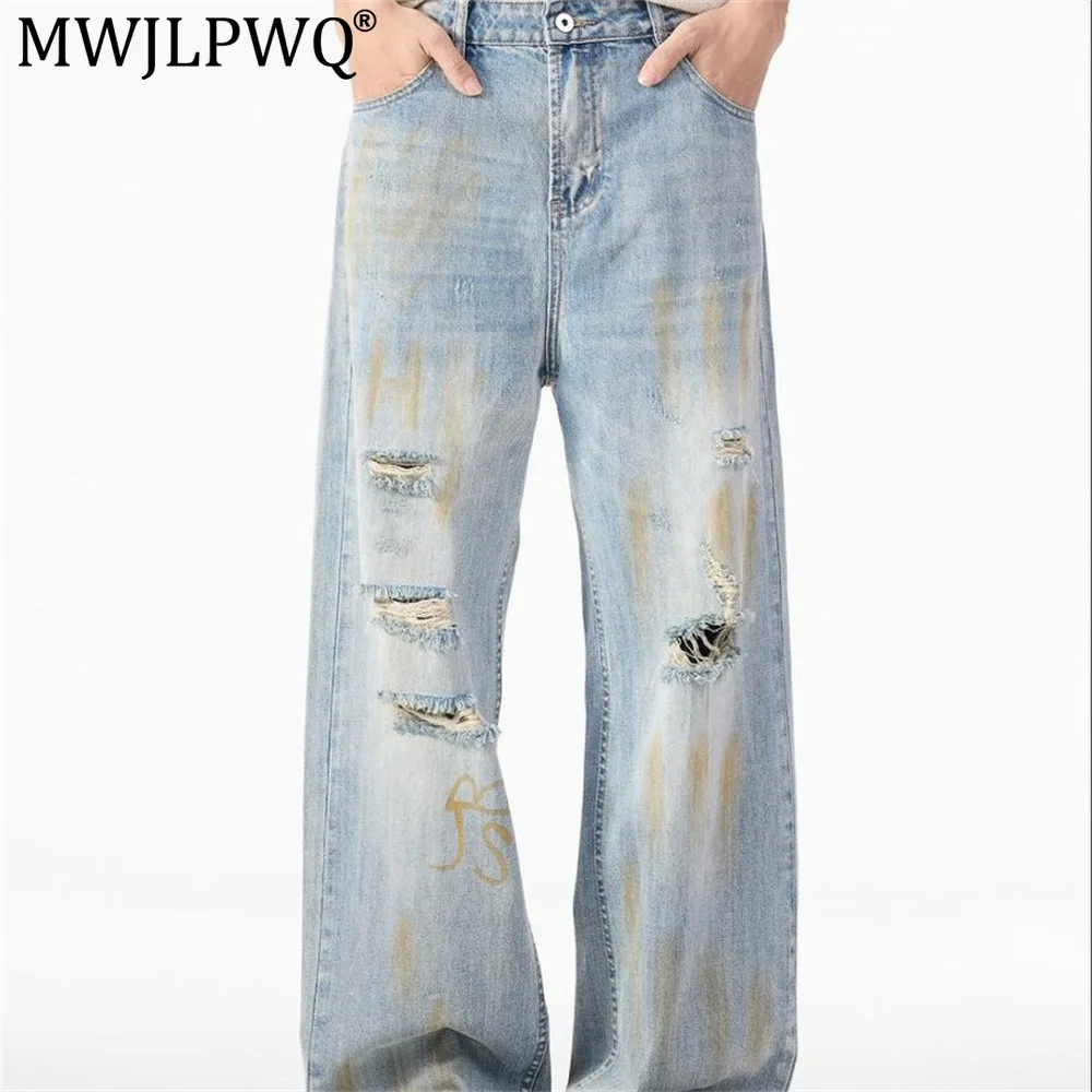MWJLPWQ American Retro Graffiti Dirty Stain Jeans For Men Washed Trendy Design Punk Style Distressed Straight-Leg Pants 20455