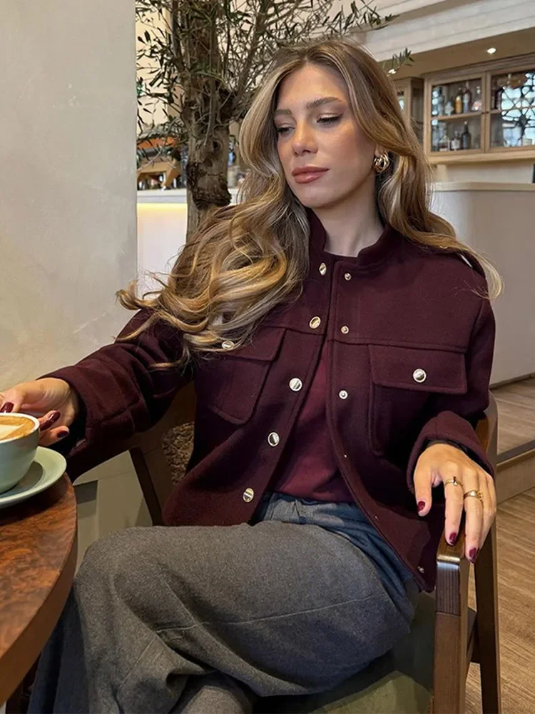 Elegant O Neck Burgundy Short Woolen Coat Women Fashion Long Sleeve Button Pocket Thick Jacket 2024 Lady New Highstreet Outwear