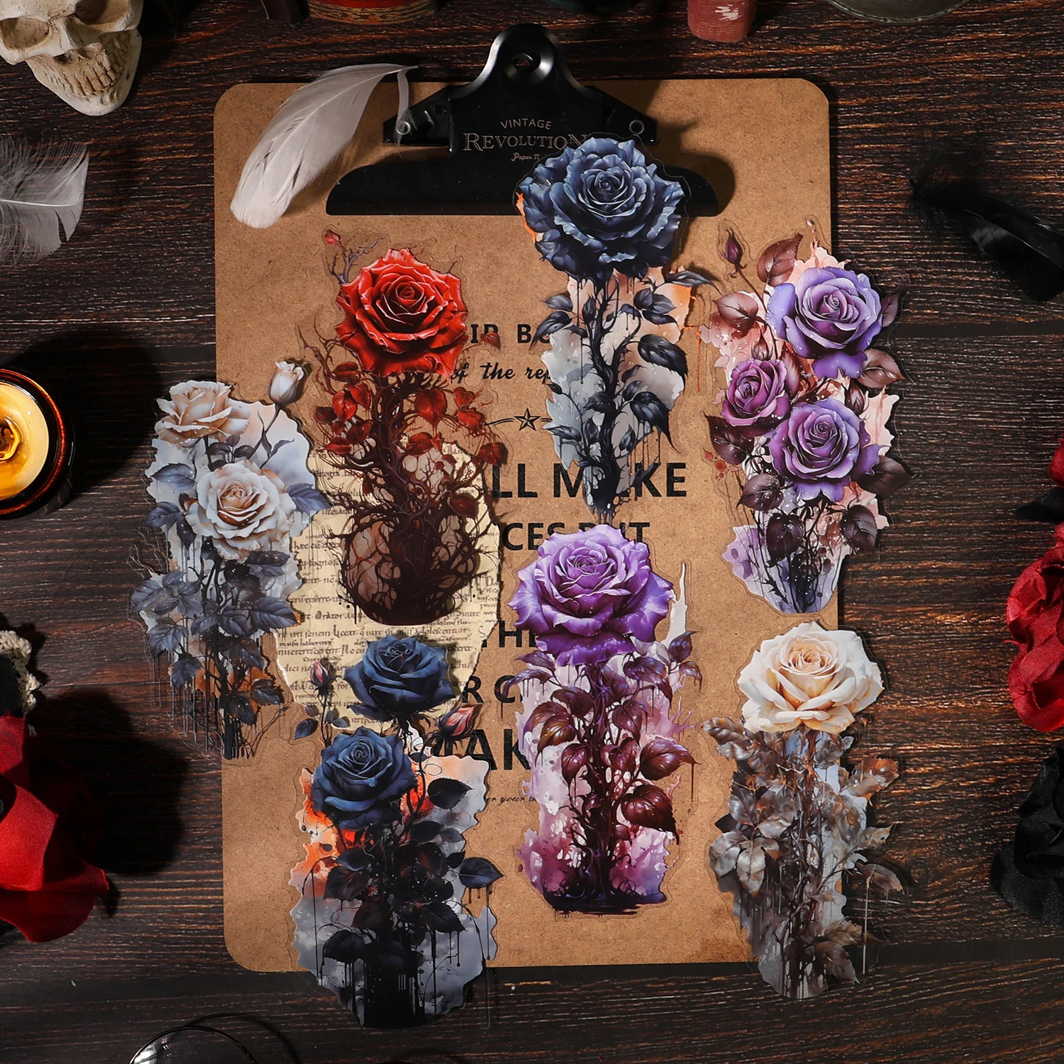 10pcs Dark Style Large size roses Stickers Decorative Hand Account Scrapbooking material hand made Collage junk journal supplies