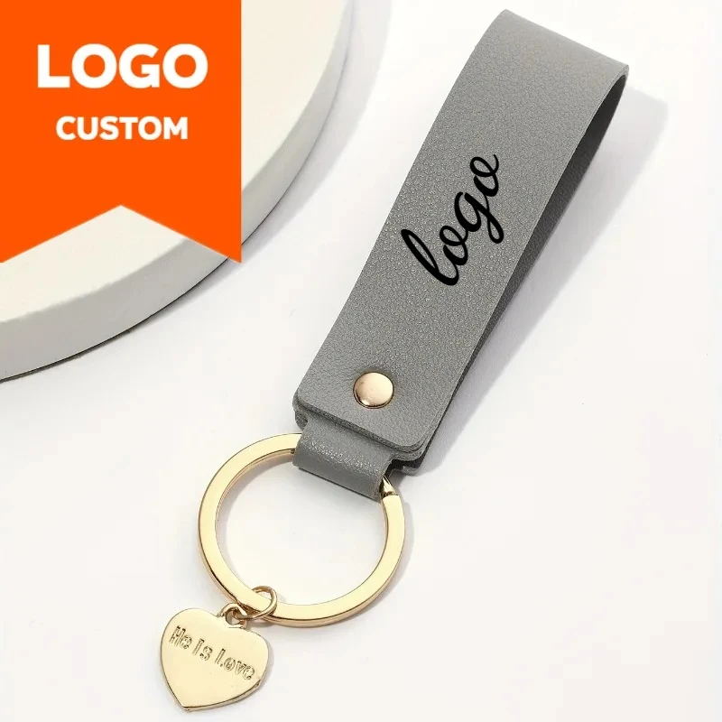 Custom Logo PU Leather Keychain Heart Metal Personalize Laser Car Key Chain Holders for Company Number Name Hotel Room Keyring