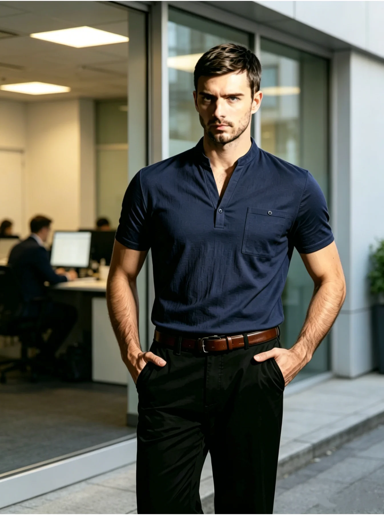 

Men's Business Casual Henley Shirt, Breathable Stand Collar Short Sleeve Top, Versatile for Commute & Daily Wear