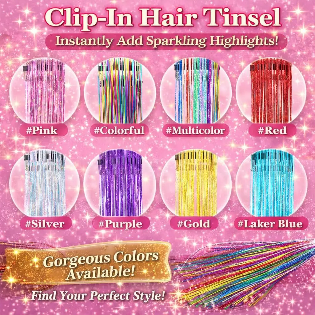 Haar-Glitzerstreifen, 12 Stück, glänzendes Metallband, Clip, Perückenstück, Glitzerband im Haar, Party-Fokus, zartes, auffälliges Geschenk, synthetisch – Detail 5