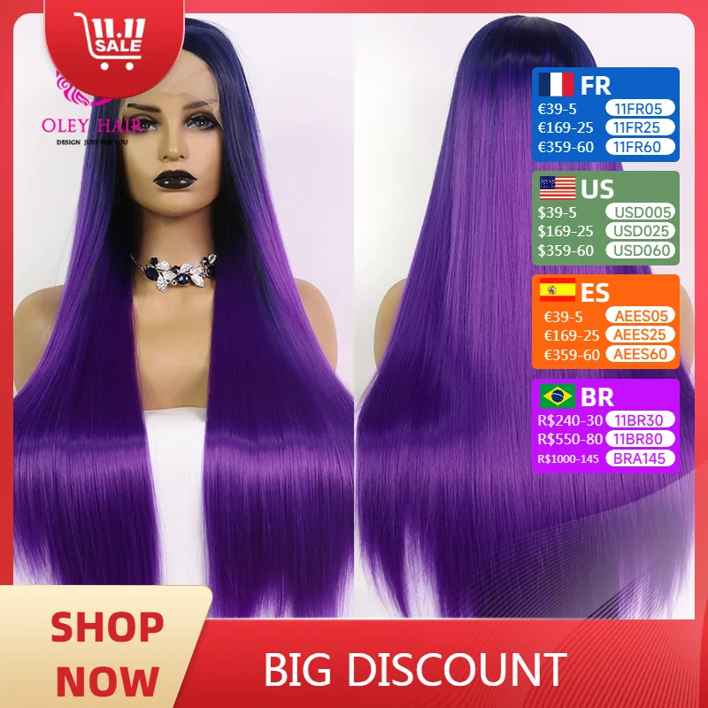 

Ombre Purple Synthetic Lace Front Wig High Temperature Fiber Long Straight Drag Queen Wigs For Black Women With Blue Roots