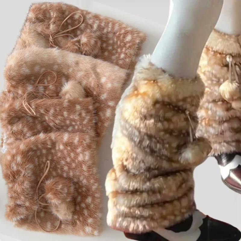 

Гетры из искусственного меха в стиле Лолиты с оленями для женщин, зимние утепленные плюшевые костюмы, высокие сапоги, носки Y2K Kawaii, теплые чехлы для ног, чулки