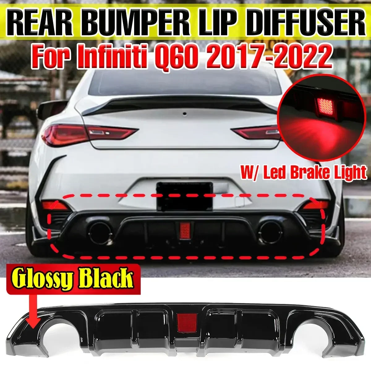 

Q60 Car Rear Bumper Diffuser Spoiler with Led Brake Light For Infiniti Q60 2017-2022 Rear Chaissis Shark Fin Deflector Body Kit