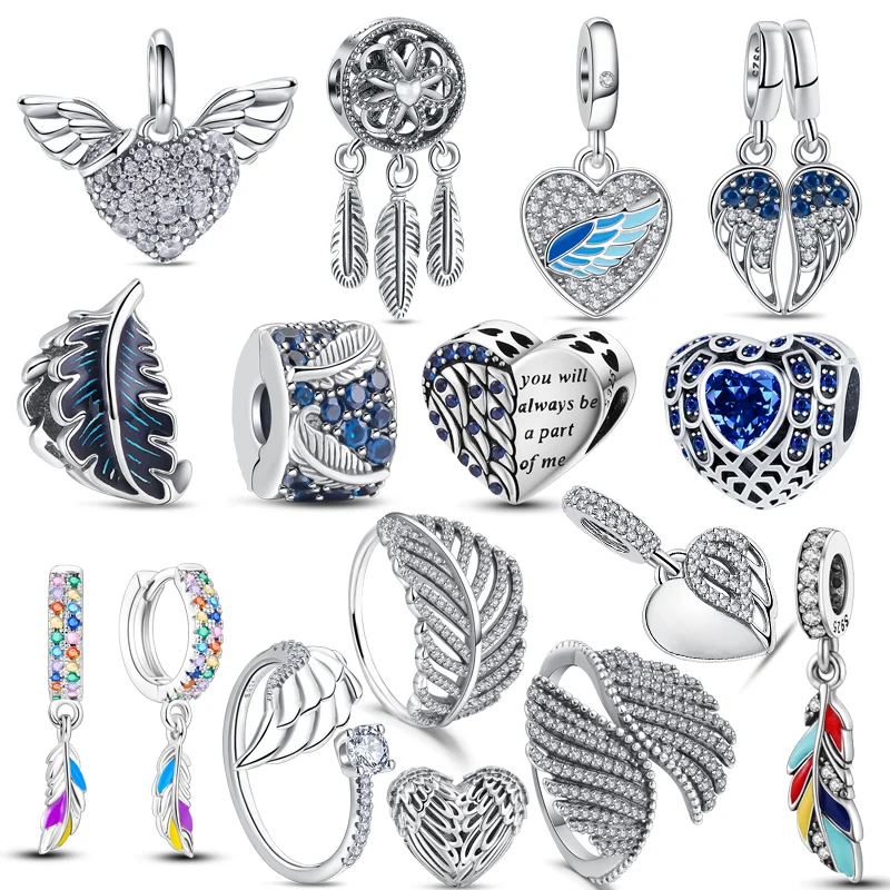 

925 Silver Flying Wing Blue Feathers Heart Sparkling Clear Zircon Pendant Beads Fit Original Pandora Charms Bracelet DIY Jewelry