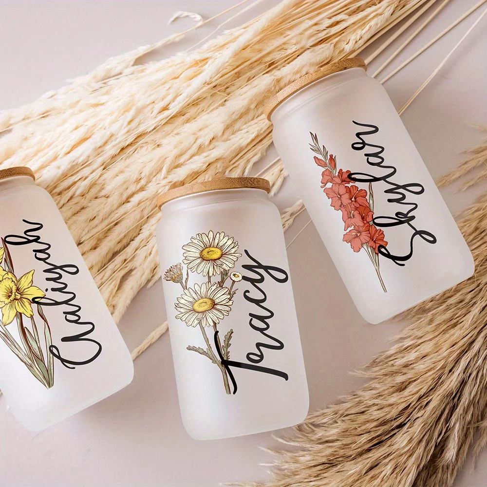 Custom Birth Flower Name Glass Can Cup with Bamboo Lid & Straw,Personalized Floral Iced Coffee Glass Tumbler Custom Gift. view 4