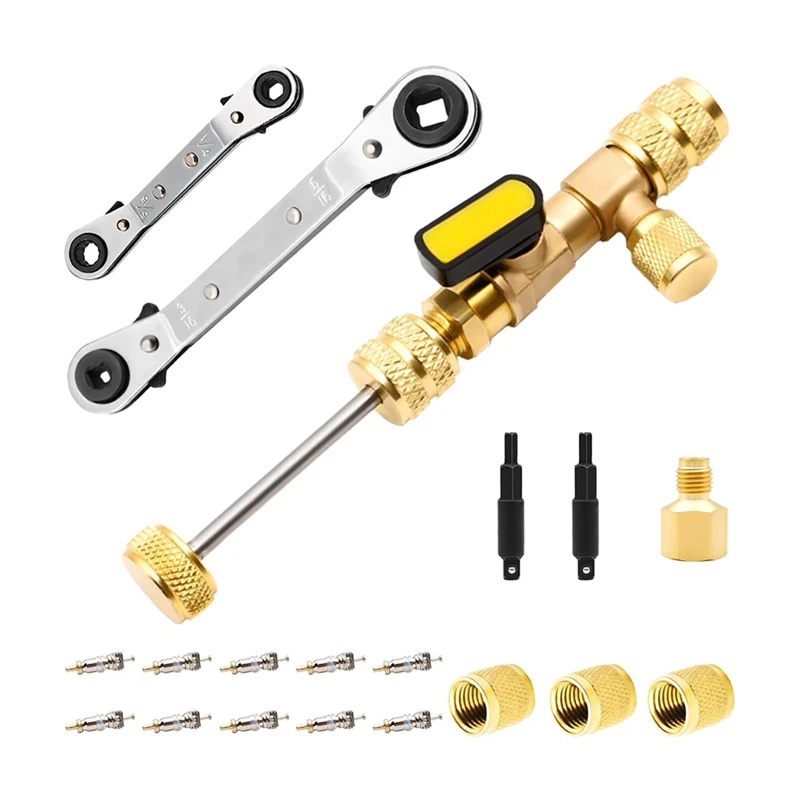 Valve Core Remover Tool With Dual Size SAE 1/4 & 5/16 Port, 10PCS Valve Cores With Seal And 3PCS Brass Nuts