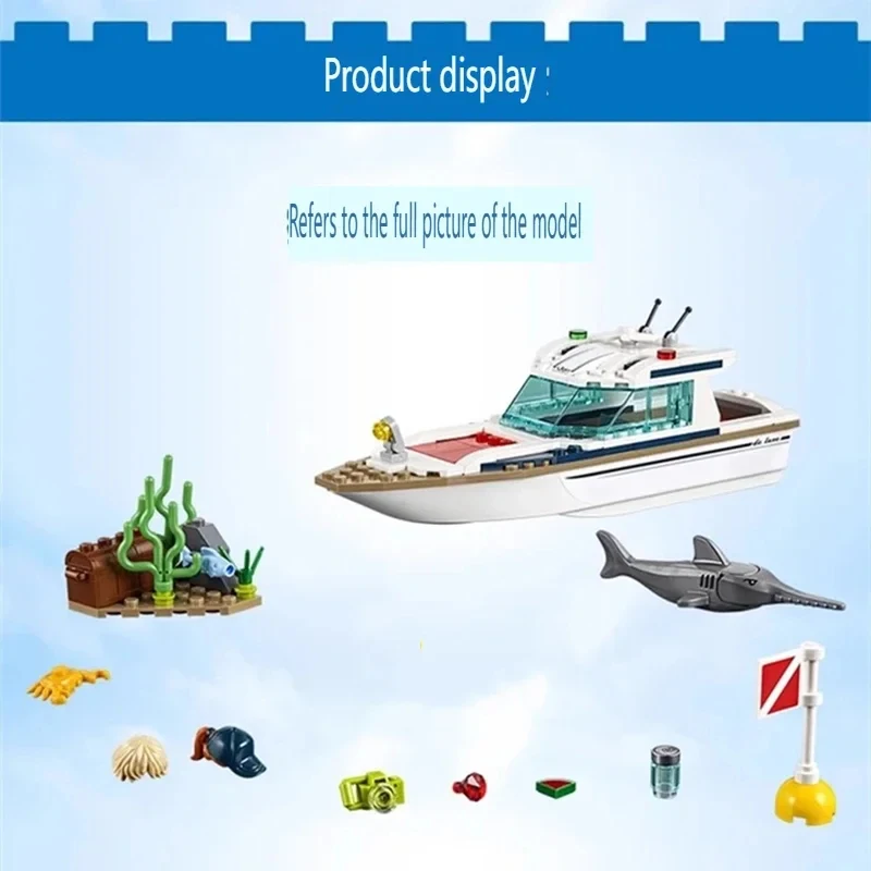 City Series 60221 Sonnenschein-Tauchyacht Hai-Puzzle Zusammenbaubares Patrouillenboot-Modell Baustein-Spielzeug Geschenk für Jungen
