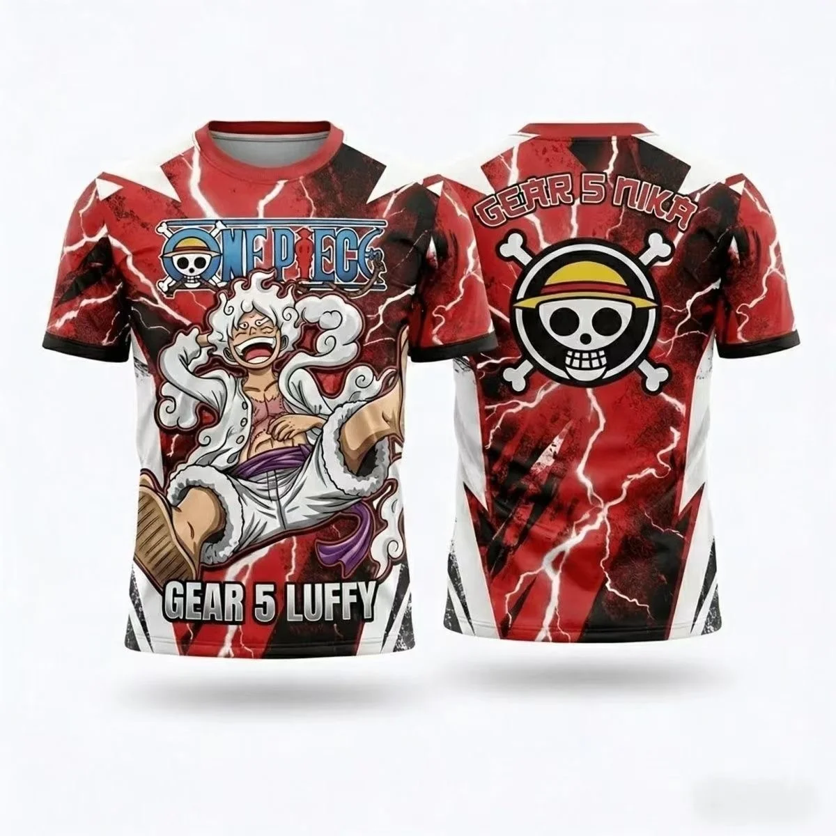 One Piece Luffy Gear 5 Nika Manga-Stil 3D Fußballtrikot Herren-Oberteil Anime Fußball-T-Shirt Sommer Fußballtrikot Familien-Set – Detail 4