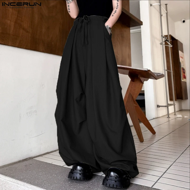 

INCERUN Men Pants Solid Color Lace Up Joggers Loose Casual Trousers Men Streetwear 2025 Pleated Fashion Male Long Pants S-5XL