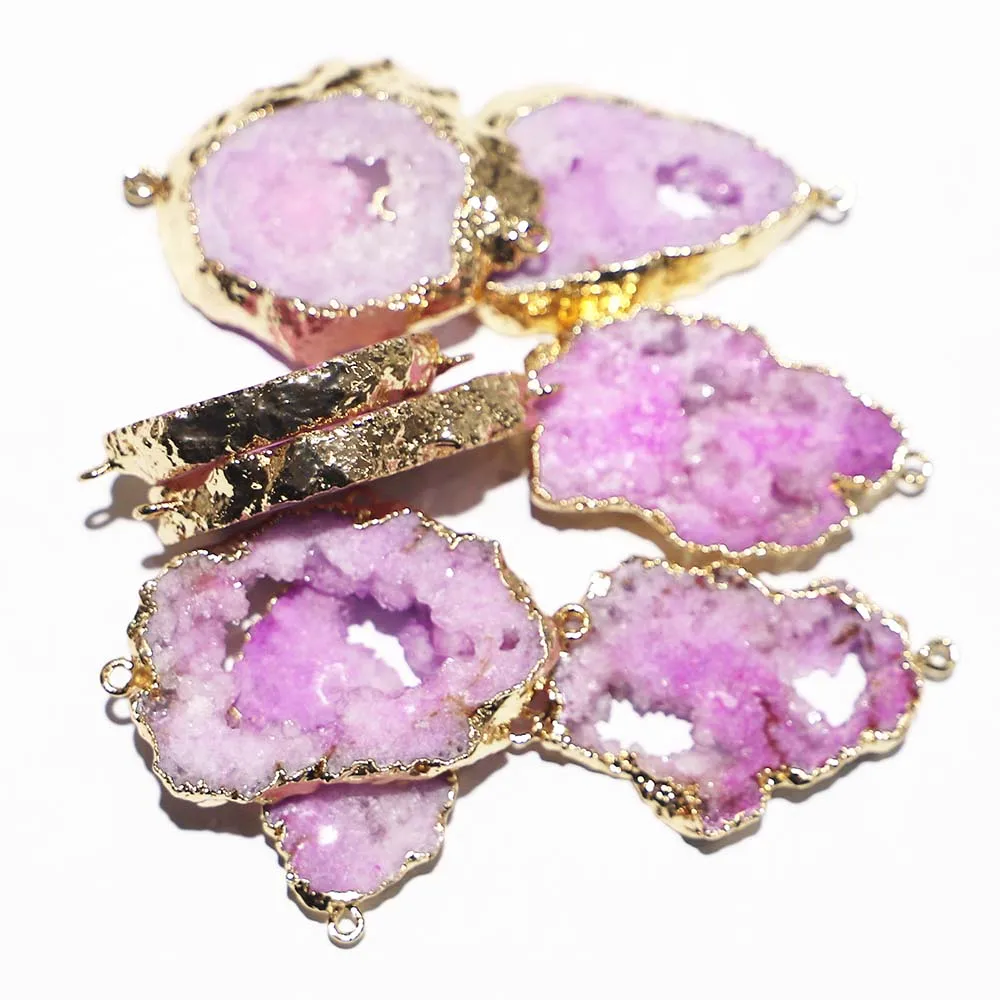 New Natural Stone Slice Pink Agate Irregular Double Hole Connector Pendant Jewelry Making DIY Necklace Bracelet Accessories 6Pcs