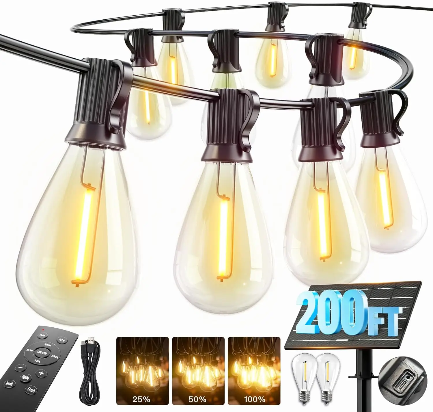 

200FT Solar String Lights Outdoor, 72+2 LED with Remote, 3 Modes Dimmable, USB-C Charging for Patio Garden