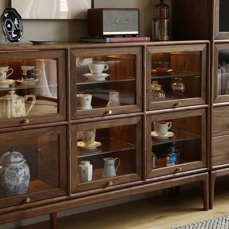All solid wood tea set, porcelain glass with lamp display case, black walnut sliding door bookcase,restaurant wine cabinet 3
