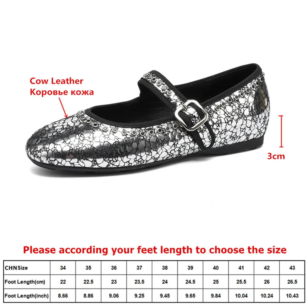 MILI-MIYA Women's Round-Toe Cowhide Flats With Cracked Shimmering Mirror Finish Straight Strap Buckle Extra Large Sizes 34-42