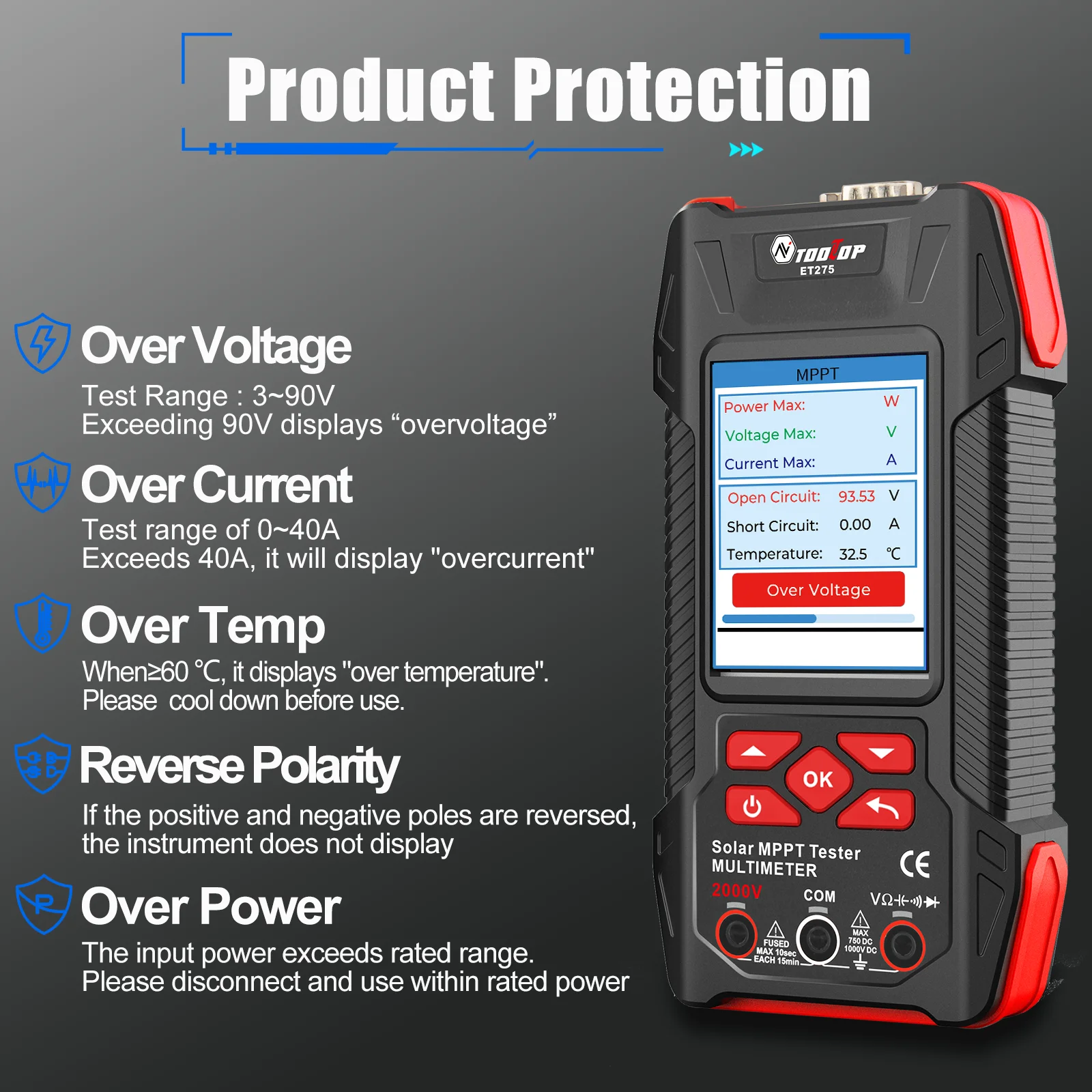 TOOLTOP New 2000W Solar MPPT Power Tester 3.2 Inches 2KV60000 Counts Multimeter Photovoltaic Solar Power Meter Two models choose