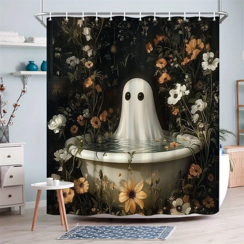 Whimsical Fantasy Shower Curtain - Surreal Ghost Floral Garden Tub Design with Lush Dark Green Background