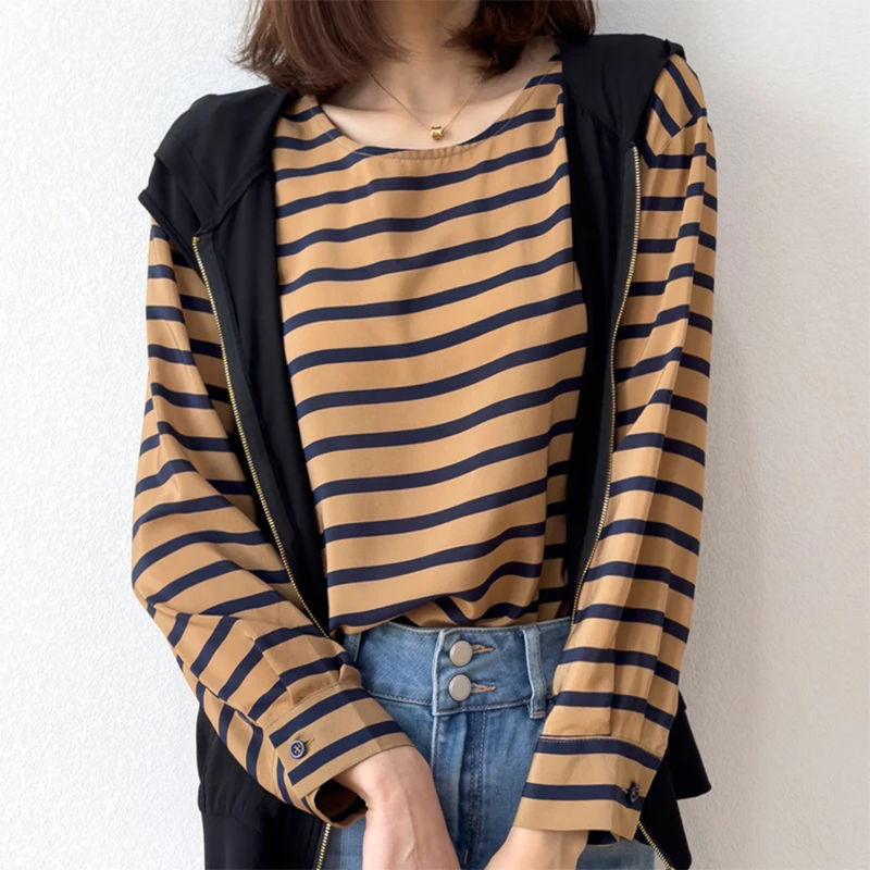 Women Silk Blouse 100% Mulberry Crepe Silk Coffee Black Striped Printed Long Sleeve Pullover Top Shirt L XL M1150