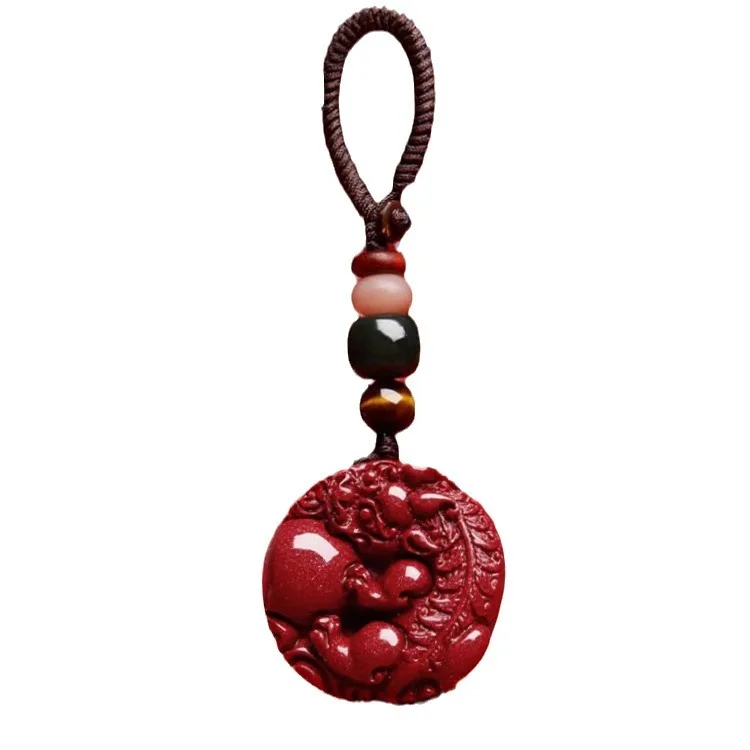 Cinnabar Pixiu Peace Buckle Car Keychain Chinese Style Car Pendant with Tiger Eye Luck Beads for Men and Women Gifts