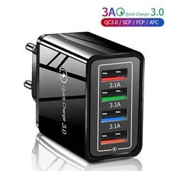 3A USB-oplader 4-poorts USB Quick Charge 3.0 EU US-stekker Oplader voor mobiele telefoon Muuradapter Draagbaar snel opladen voor iPhone 16 Pro