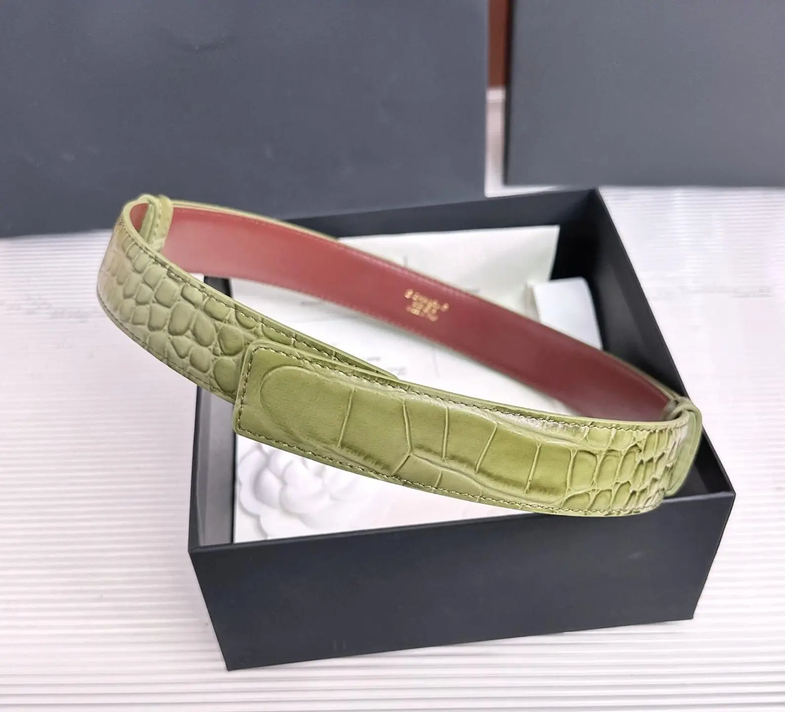 Genuine Leather Replacement Belt Strap, Glossy Avocado Green Croc Pattern, Reversible Wine Red Inside, Multiple Sizes
