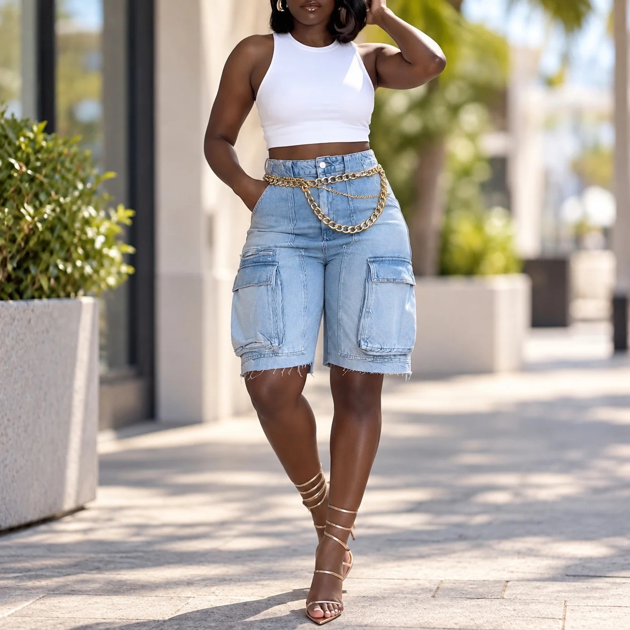 Washed Distressed Shorts Mid Rise Fresh Sweet Women Shorts with Hand Finished Summer Regular Thickness Workwear Cargo Pockets